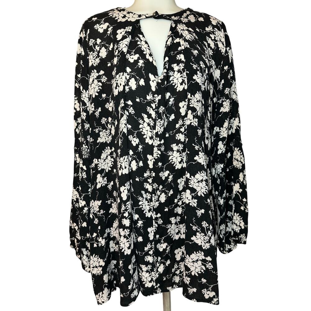 Lane Bryant Blouse Top Woman 14/16 Gauzy Floral Boho Key Hole Long Sleeve Flowy